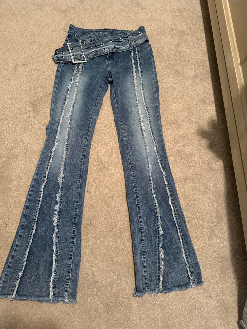 Blue Women's Distressed Flared Jeans with Belt